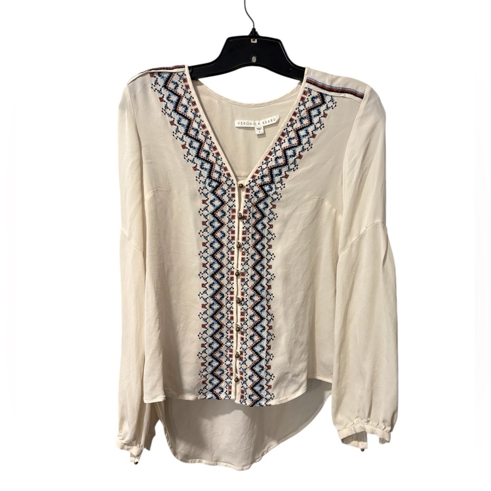 Veronica Beard Cream Blouse with Blue and Brown Embroidery